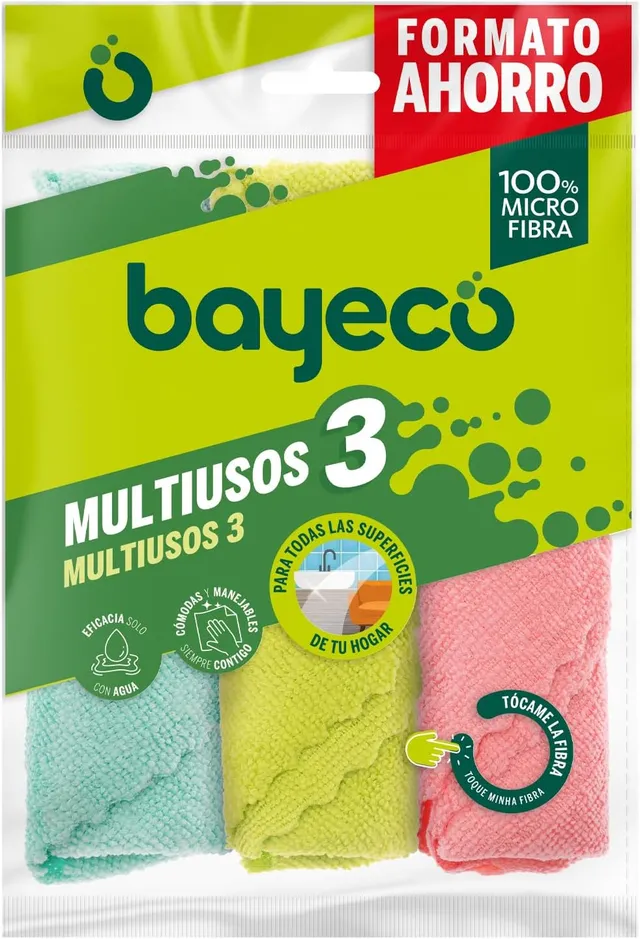 Bayeco - Lot de 3 Baies polyvalentes - 100% Microfibre - Toutes Sortes de Surfaces - Grande capacité d'absorption et Finitions sans Marques ni Peluches, Uniquement avec de l'eau, Lot de 1