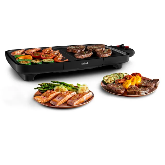 Tefal Booster Plancha électrique, 2200 W, 2 zones de cuisson, Revêtement antiadhésif, Thermostat réglable, Large surface de cuisson, Bac jus compatible lave-vaisselle CB642800