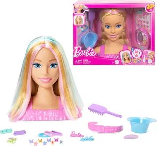 Barbie Tête à Coiffer Color Reveal avec cheveux blonds et plus de 20 accessoires de coiffure, dont des barrettes à cheveux à motif étoile et papillon avec fonction de changement de couleur, JFG81