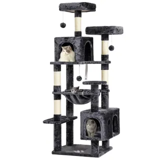 MSmask Grand arbre à chat stable en L avec 2 plateformes, 2 niches pour chats, hamac, colonnes en sisal, arbre d'escalade à plusieurs étages pour chats (gris foncé, 160 cm)