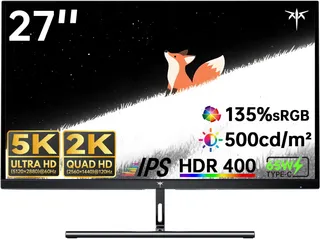 KTC Moniteur 5K 27 Pouces, Mode Double 5K 5120×2880 60 Hz / 2K 2560×1440 160 Hz, 99% DCI-P3, 100% sRGB, ΔE<2, HDR400, USB-C Multifonction, 2×USB-A 3.0, Compatible Mac, pour Design, Création et Gaming