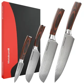 Matakumi couteau cuisine japonais inspiré set avec motif damassé gravé, lames en acier au carbone avec manche ergonomique pour un confort durable, 4 pièces couteau cuisine professionnel