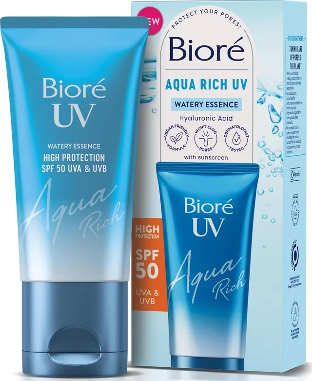 BIORÉ Aqua Rich UV FPS50 PA++++ - Haute Protection UV au Quotidien & Hydratation - Crème solaire visage - Acide hyaluronique - Texture non grasse et invisible - Tous types de peaux et carnations