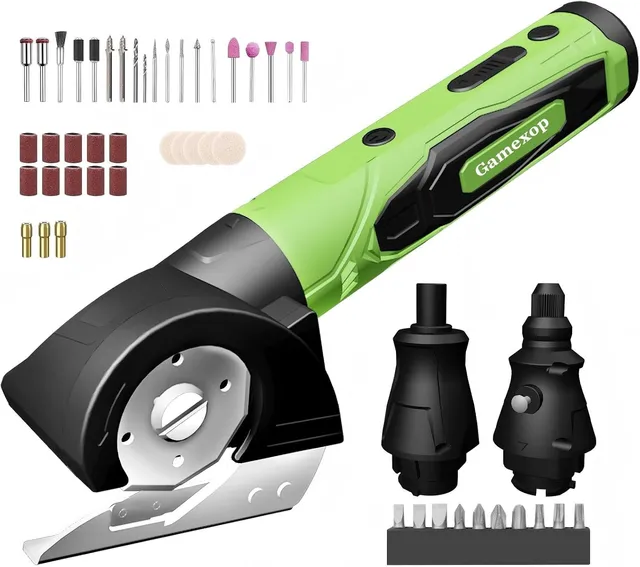 Outils Multifonctionnels 4 en 1 Ciseaux Electriques Sans Fil, Outils Rotatifs Ensemble de Tournevis Couteaux à Enrouleur Sans Fil Feutre, Tapis Carton Gravure Perçage Découpe Electroménager