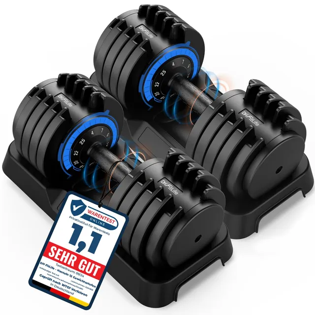 DH FitLife Haltères Réglables 25 kg – 4 à 25 kg – 10 Niveaux de Poids – Haltères Courts avec Disques – Poids Variables 10 en 1 (25KG X 2)