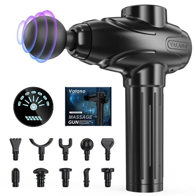 Valano Pistolet de Massage Musculaire Professionnel, Massage Gun avec 10 Têtes & 7 Vitesses Masseur Dos et Cervicales Silencieux Appareil de Massage Électrique pour Sportif, Idée Cadeau Homme et Femme