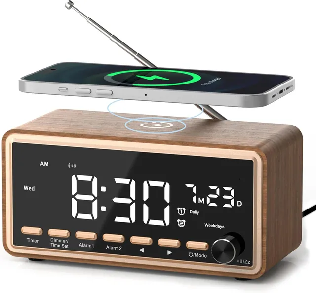 WamGra Digital Alarm Clock Radio, Wireless Charger, FM Bluetooth Speaker