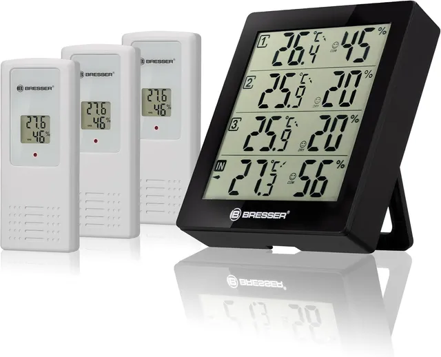 Thermo-hygromètre Bresser avec 3 capteurs sans fil, 4 points de mesure température et humidité, indicateur climat intérieur/extérieur