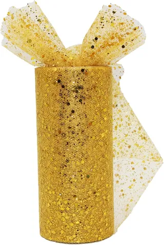 aufodara Rouleau de Tulle 15cm x 25Yards Organza Tissu avec Paillettes pour Fêtes de Noël et d'anniversaire Tables Chaises Décoration, Décoration de mariage, Jupe DIY, Nœud de Tulle (Or)