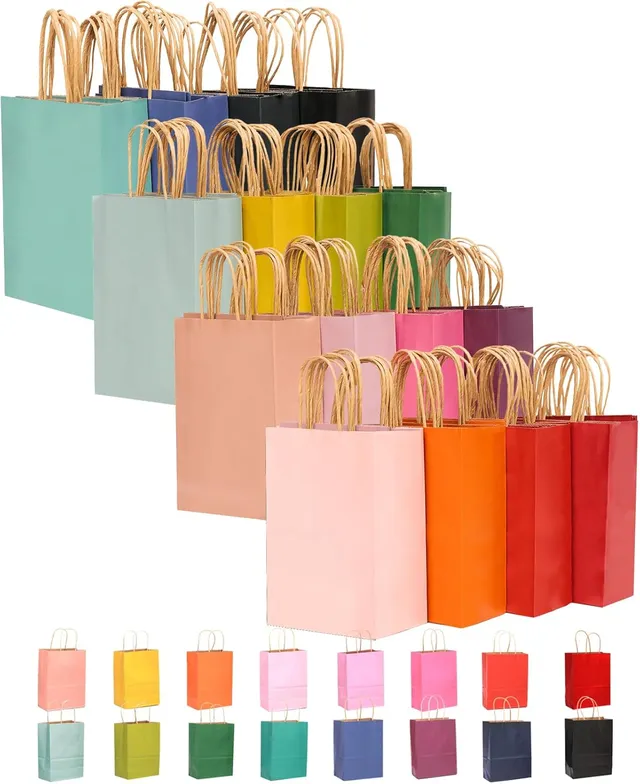 Gcardist Lot de 32 sacs kraft avec poignées - 21 x 15 x 8 cm - Petits sacs cadeaux - 16 sacs de couleurs différentes - Utilisation polyvalente (21 x 15 x 7,6 cm, petite taille)