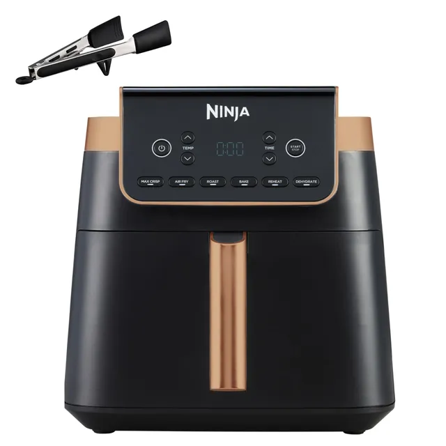 Ninja Air Fryer MAX PRO, 6,2 L, Grand tiroir, rôtir, cuire au four, frire sans huile, familial, antiadhésif, panier/plaque croustillante compatibles lave-vaisselle, pinces, noir/cuivre, AF180EUCP
