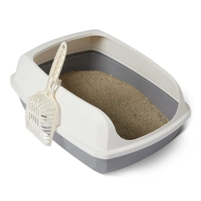Amazon Basics Litière pour Chats avec Parois Hautes et Ouverture sur Le Dessus, Facile à Nettoyer, Pelle Incluse, Blanc/Gris, 50,5cm x 38,0cm x 20,0cm