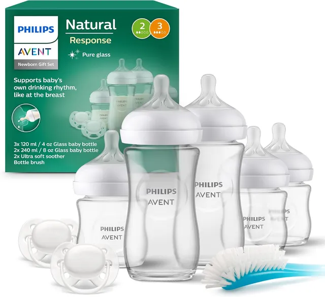 Philips Avent Kit biberons en verre Natural Response pour nouveau-né - 5 biberons, 2 sucettes Ultra Soft 0-6 mois, goupillon, sans BPA (modèle SCD879/11)