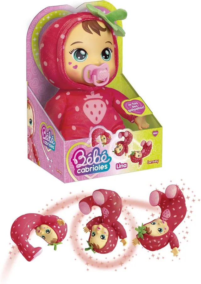 Lansay | Mon BÉBÉ CABRIOLES – Lina LA Fraise | Interactive Doll in Strawberry Pyjamas | Makes Fun Galipettes | Soft and Cuddly Body | Early Learning Toy 2 Years and Above | Baby Girl or Boy