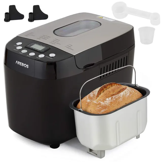 Arebos Machine à pain 1500 g | avec 15 programmes | 2 crochets de pétrissage | Minuteur | Écran LCD | 3 niveaux de brunissage et tailles de pain | 850 W | Noir