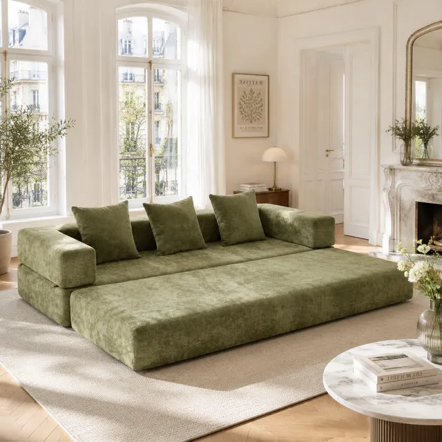 KOMHTOM Petit Canapé 2 Places en Chenille avec Coussins Confortables, DIY Libre et Poches Latérales - Canapé Convertible Multifonctionnel Moderne (Vert-A)