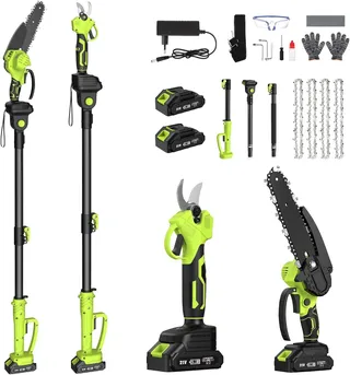 Tronçonneuse et Sécateur Électrique Télescopique, 4-en-1 Ensemble d’Outils de Jardin avec 4 Chaînes 2 Batteries Taille Haies Telescopique, 6 Pouces Tronconneuse Angle Réglable, Idéal Taille Jardinage