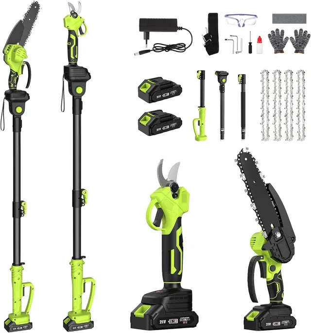 Tronçonneuse et Sécateur Électrique Télescopique, 4-en-1 Ensemble d’Outils de Jardin avec 4 Chaînes 2 Batteries Taille Haies Telescopique, 6 Pouces Tronconneuse Angle Réglable, Idéal Taille Jardinage