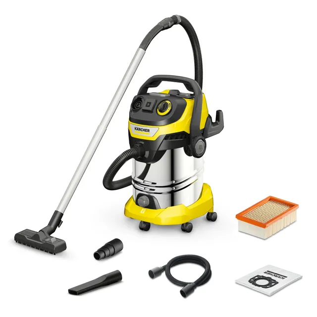 KÄRCHER Aspirateur Eau & Poussières WD 6 P S V-30/8/35/T, Prise Asservissement, Soufflerie, 1300W, Cuve INOX 30L, Flexible 3.5m, Filtre plissé Plat et Sac Non-tissé.