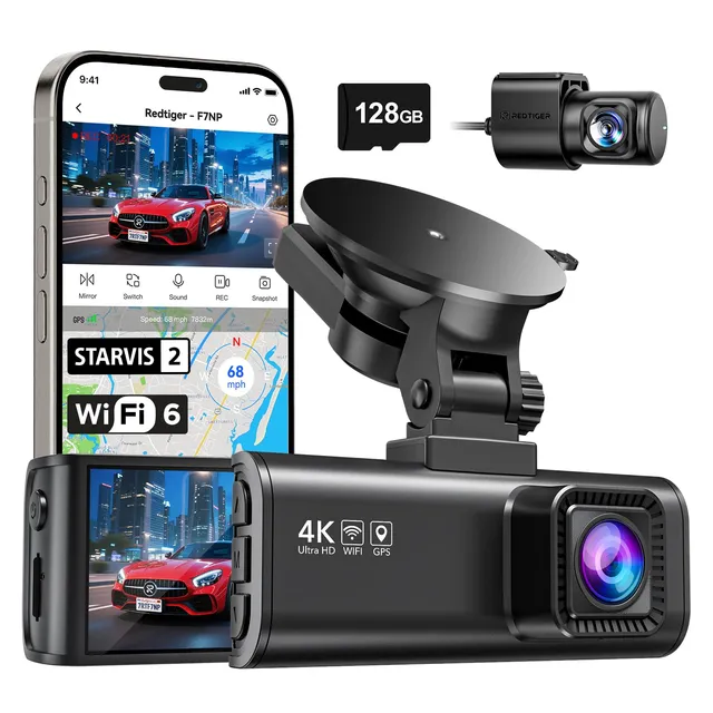 REDTIGER 4K Dashcam Voiture, STARVIS 2, WiFi 5,8 GHz, Carte 128 Go Incluse
