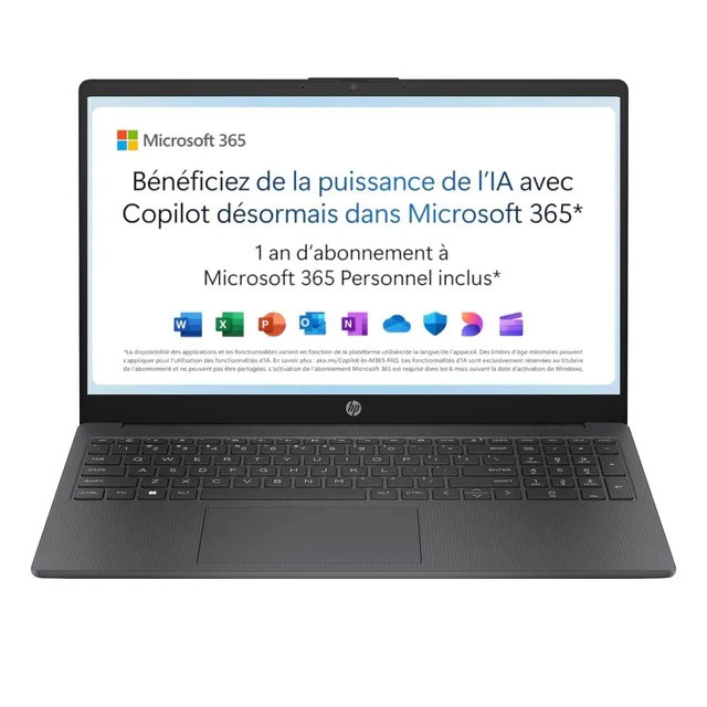 HP 15-fd0001sf Ordinateur Portable 15,6" FHD, PC Portable (Intel Celeron N100, RAM 4 Go, UFS 128 Go, Intel UHD Graphics, Windows 11), Laptop Gris, AZERTY, Microsoft 365 Personnel 12 Mois Inclus