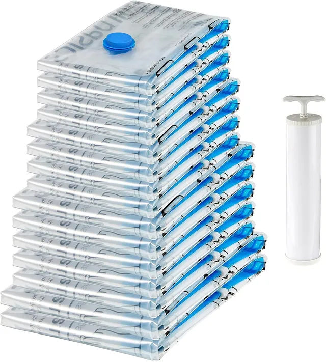 Amazon Basics Lot de 15 housses de rangement sous vide avec pompe manuelle Fermeture éclair - (2 x und 5 x jumbo, 4 tailles L, 4 taille M), Multiple, Transparent, Bleu