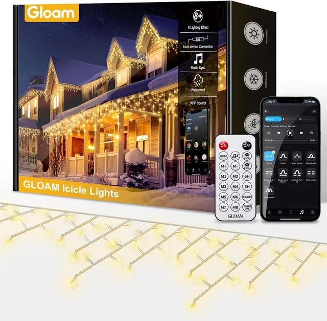 GLOAM Guirlande Lumineuse Rideau Lumineux de Noël Extérieur Intérieur avec Télécommande & App, Music Sync, Minuterie, Étanche Décoration de Noël pour Fêtes Jardin (20M, Blanc Chaud)