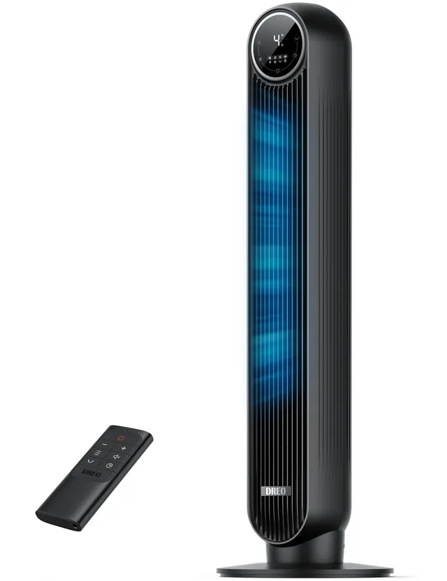 DREO 20dB ventilateur colonne silencieux, Vitesse 7,6 m/s - Oscillant à 90° ventilateurs tour pour chambre, 92 cm de haut, Télécommande incluse, 4 vitesses, 4 modes, minuterie 8H, Noir - Nomad One
