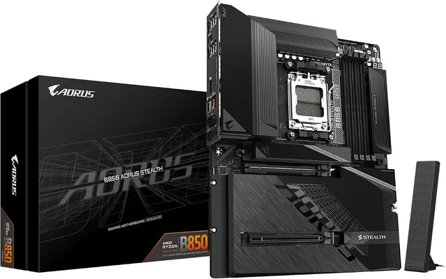 GIGABYTE B850 AORUS Stealth Carte Mère – Processeurs AMD Ryzen 9000 Series, VRM numérique 14+2+2 Phases, Jusqu’à 8200 MHz DDR5 (O.C.), 2× M.2 PCIe 5.0 + 2× M.2 PCIe 4.0, Wi-FI 7, LAN 5 GbE