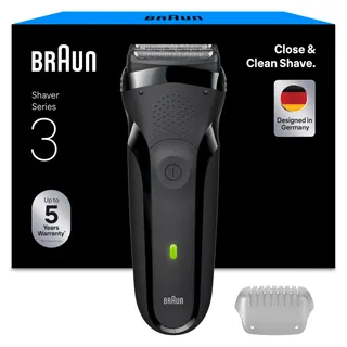 Braun Rasoir Electrique A Barbe Homme Series 3 300S A Grille, Gris, Etanche, Lames Flexibles Pour Bien Raser Le Visage, 5 Sabots, Tondeuse Centrale Et 2 Eléments De Rasage