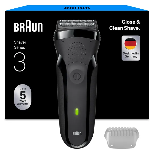 Braun Rasoir Electrique A Barbe Homme Series 3 300S A Grille, Gris, Etanche, Lames Flexibles Pour Bien Raser Le Visage, 5 Sabots, Tondeuse Centrale Et 2 Eléments De Rasage