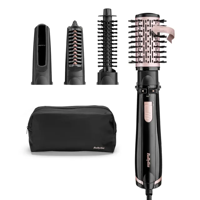 BaByliss Brosse soufflante rotative Dry, Straighten and Style - Pour sécher, lisser et mettre en forme, Fonction ionique, Avec 4 accessoires interchangeables, Noir, AS200E