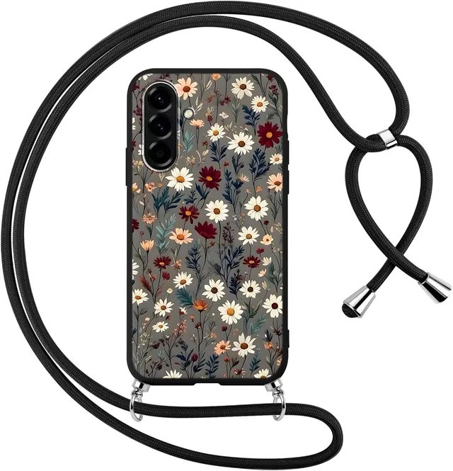 Coque avec Cordon pour Samsung Galaxy A56 5G 6,7", Collier Tour de Cou Lanière Corde Étui Aesthetic Motif Fleurs Dessin Case, Silicone Mince TPU Antichoc Housse Cover pour Samsung A56, Noir