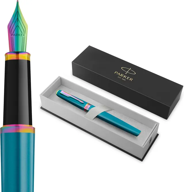 Parker Meridian Stylo plume | Laque turquoise avec bordures arc-en-ciel | Plume fine | Stylos pour l'écriture et Fournitures de papeterie | Encre bleue | Boîte cadeau de luxe
