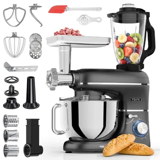 Fentic 6 en 1 Robot Pâtissier – 2000W - Av. Hachoir à Viande, Mixeur 1,5L, Cutter, Accessoires – Robot Cuisine Multifonctions Av. 6,2L Bol Mélangeur, Fouet, Crochet Pétrisseur, Batteur (Noir)