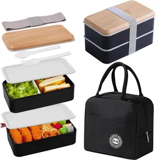 Bento Lunch Box avec Sac Isotherme, 1400ml 2 Couches Boite Repas Compartiment pour Adulte et Enfant, Micro Onde, Hermétique Boîtes Bento pour Travail École Pique Nique (Noir)