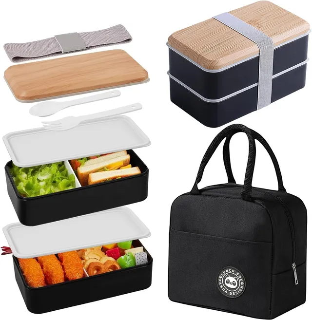 Bento Lunch Box avec Sac Isotherme, 1400ml 2 Couches Boite Repas Compartiment pour Adulte et Enfant, Micro Onde, Hermétique Boîtes Bento pour Travail École Pique Nique (Noir)