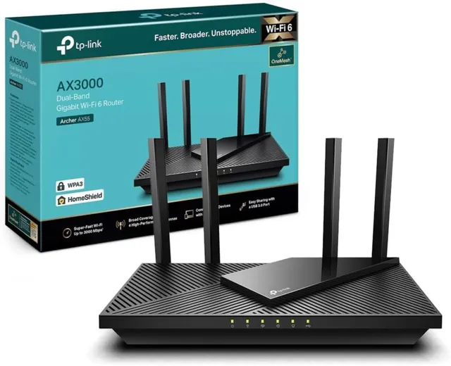 TP-Link Archer AX55 Routeur WiFi 6, Routeur WiFi AX 3000 Mbps bi-Bande, 5 Ports Gigabit, 4 antennes à Haute Performance, WPA3, Contrôle Parental, OneMesh, Antivirus intégré