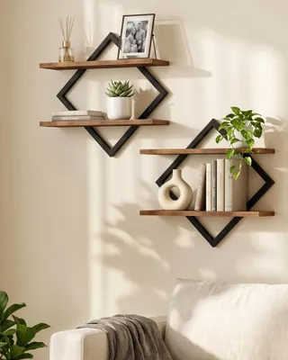 CHOEZON Étagère flottantes, Lot de 2, Étagères murales à 2 Niveaux, Rangements Suspendus avec Cadre métallique losangé, pour Salon, Chambre, Cuisine, Bureau, Marron Rustique et Noir DTBJ01P2BF