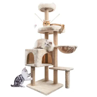 Arbre à Chat 145 cm, Tour de Jeux pour Chats, avec 7 Poteaux à Griffer, 5 Plates-Formes, 2 nids pour Chat Chaton, Beige