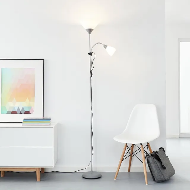 LIGHTBOX Stehlampe 180 cm, 2-flammig, mit Lesearm, Leuchte, silber