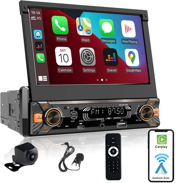 Alondy Autoradio 1 Din avec écran tactile (7" Motorisé Rétractable) Compatible avec [wireless] Apple CarPlay/Android Auto Bluetooth Radio AM/FM/RDS Type-C USB (charge rapide 3A) Caméra de recul AUX SD
