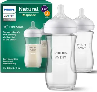Philips Avent Natural Response - Biberons en verre 240 ml (8 oz) avec tétines à débit moyen (Débit 3), lot de 2, SCY933/02