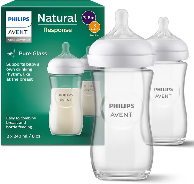 Philips Avent Natural Response - Biberons en verre 240 ml (8 oz) avec tétines à débit moyen (Débit 3), lot de 2, SCY933/02