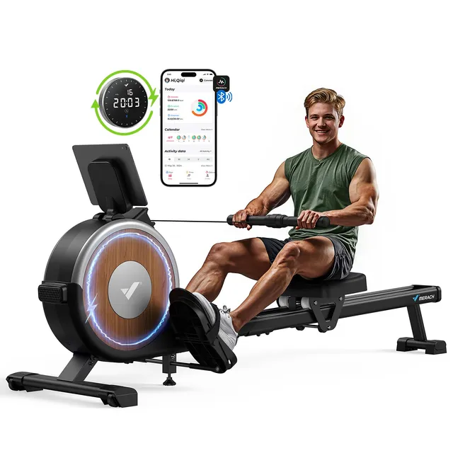MERACH Rameur magnétique pour la Maison, Bluetooth avec 16 Niveaux de résistance, Mise à Niveau vers Double Rail Coulissant, Charge maximale de 158 kg, Rangement Vertical, Gain de Place