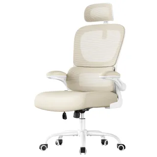SONGMICS Chaise de Bureau, Chaise Ergonomique, avec Tissu en Maille Respirant à Double Couche, Soutien Lombaire Adaptatif, Appui-Tête Réglable, pour Bureau à Domicile, Beige Sable OBN041L01