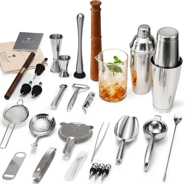 ETENS Kit de barman professionnel de 33 pièces avec shaker Boston lesté - Ensemble de mixologie haut de gamme pour bar à domicile - Ensemble d'outils de bar en acier inoxydable avec presse-agrumes