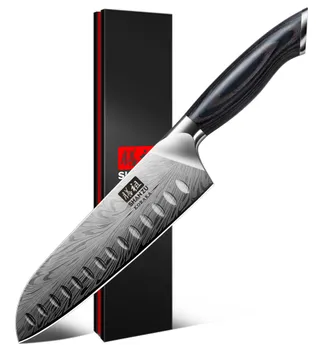 SHAN ZU Couteau de Cuisine en Acier Poudré, 18cm Couteaux Santoku Japonais, Ultra Tranchants, Lame en Acier à Haute Teneur en Carbone avec Manche Ergonomique en Bois de Pakka