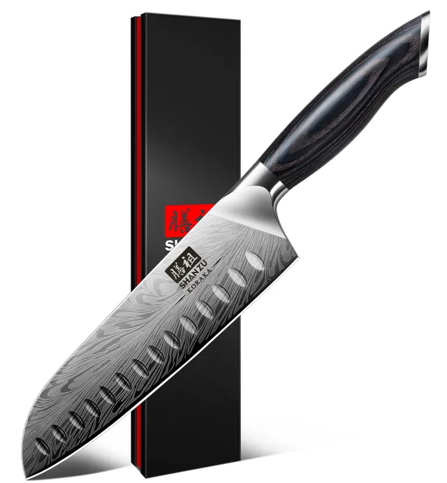 SHAN ZU Couteau de Cuisine en Acier Poudré, 18cm Couteaux Santoku Japonais, Ultra Tranchants, Lame en Acier à Haute Teneur en Carbone avec Manche Ergonomique en Bois de Pakka