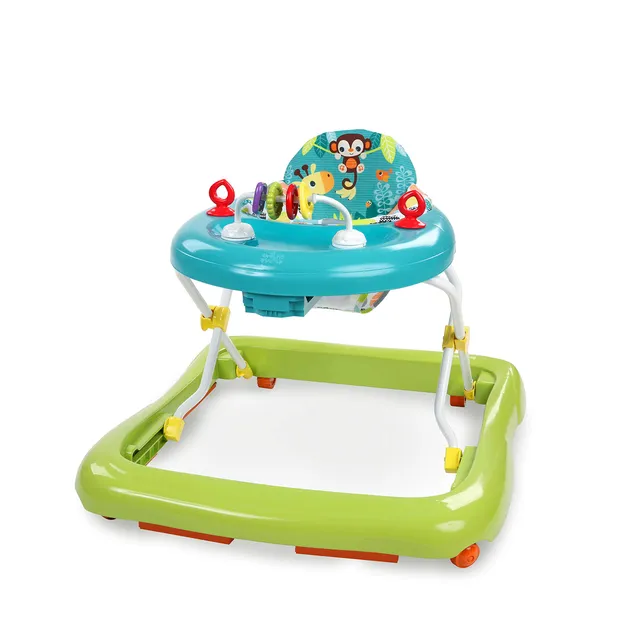 Bright Starts, Trotteur Bébé pliable Giggling Safari, jouet boulier amusant et coloré, hauteur réglable, coussin du siège amovible, lavable en machine, vert/bleu, à partir de 6 mois